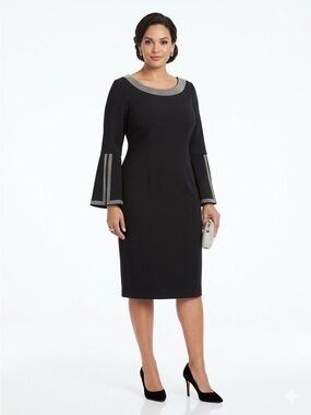 Lily & Taylor Black Formal Midi Dress with Silver Trim and Flared Cuffs Size 16